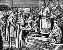 fotografie knižní ilustrace, perokresba, stojící císař na stupínku vpravo přijímá skupinu mužů v římských tógách v centru a levé straně kresby, všude okolo v síni stojí dvorští hodnostáři