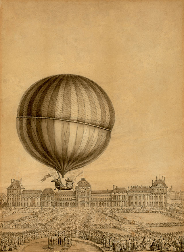 Contemporary illustration of the first flight by Charles with Nicolas-Louis Robert, 1 December 1783. Viewed from the Place de la Concorde to the Tuileries Palace (destroyed in 1871)