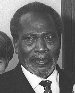 Jomo Kenyatta was a Kenyan anti-colonial activist and politician who governed Kenya as its Prime Minister from 1963 to 1964 and then as its first President from 1964 to his death in 1978. He was the country's first indigenous head of government and played a significant role in the transformation of Kenya from a colony of the British Empire into an independent republic. Ideologically an African nationalist and conservative, he led the Kenya African National Union (KANU) party from 1961 until his death.