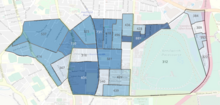 A population map of Kenilworth. Areas are coloured according to the number of people in each small area within Kenilworth at the time of the 2011 Census. With darker blue areas having more people and lighter blue areas having relatively fewer people. The number of people in each small area is indicated within its respective small area. Kenilworth, Cape Town population map.png