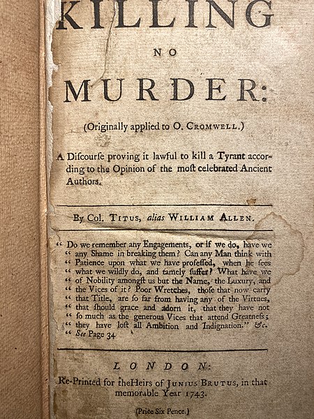 Killing No Murder, cover page, 18th century reprint of 17th century English pamphlet written to inspire and make righteous the act of assassinating Ol