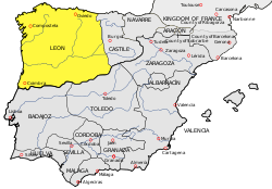 The Kingdom of León (yellow) in 1037.