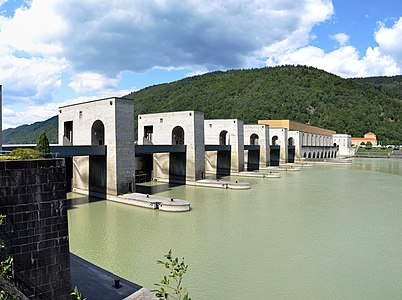 The Jochenstein run-of-the-river hydroelectricity plant over the River Inn