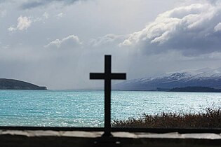 Lake Tekapo on a stormy spring morning, as seen from the altar of the Church of the Good Shepherd.