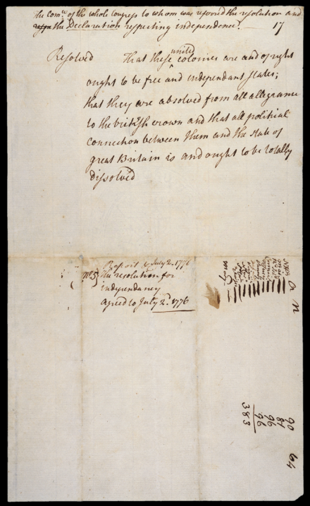 "The Resolution for Independence agreed to July 2, 1776" in the handwriting of Charles Thomson, secretary of the Continental Congress. Thomson's marks at the bottom right indicate the 12 colonies that voted for independence, while the Province of New York abstained.