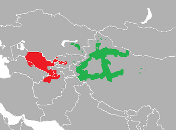 Karluk languages. Green: East Karluk; Red: West Karluk Lenguas karluk.png