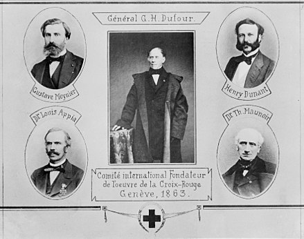 "Committee of the Five": Gustave Moynier, Guillaume-Henri Dufour, Henry Dunant, Louis Appia, Théodore Maunoir