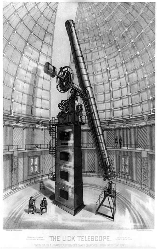 Warner & Swasey designed and built the Lick Observatory refractor, shown here in an 1889 drawing. Alvan Clark & Sons made the 36-inch objective lens.