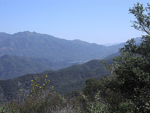 Jameson Reservoir (center), Santa Ynez Mountains (right), Los Padres back country and Old Man Mountain (left), Reyes Peak (background).