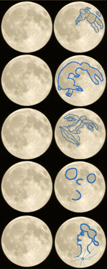 La luna llena, acompañada de cinco dibujos que rodean los mares para producir formas.