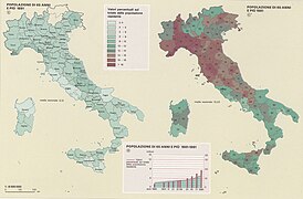 Map Age and sex composition population Italy 1990 - Popolazione sopra 65 anni nel 1881 e 1981 - Touring Club Italiano CART-TEM-042.jpg