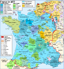 Burgundian territories (orange/yellow) and limits of France (red) after the Burgundian War. Map France 1477-en.svg