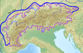 La linea viola mostra l'estensione dell'ultima glaciazione (Wurmiana)