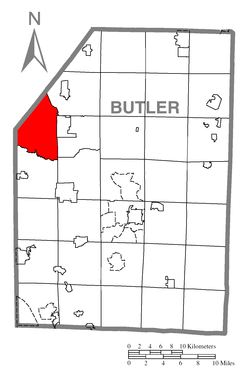 Mapa Butler County, Pennsylvania zvýraznění Worth Township