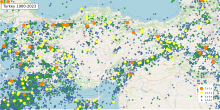 Map of earthquakes in Turkey 1900-2023.svg