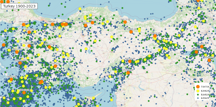 Map of earthquakes in Turkey 1900–2023
