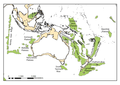 Locations of oceanic plateaus in the Australia-New Zealand region. The Ontong Java Plateau and Hikurangi Plateau are related historically geologically to the Manihiki Plateauin the top right corner Map showing the location of oceanic plateaus (in green) in the Australia-New Zealand region of the South Pacific.svg