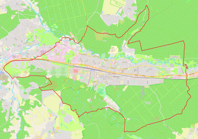 Mapa konturowa Wejherowa, w centrum znajduje się punkt z opisem „Kalwaria Wejherowska”