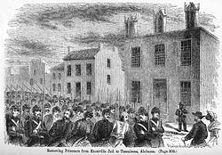 Engraving from Brownlow's Sketches, showing Confederate soldiers marching Union prisoners through the streets of Knoxville in December 1861 March-knoxville-tuscaloosa-1861.jpg