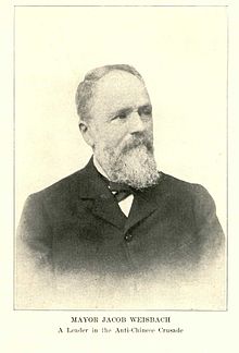 Jacob Weisbach, the mayor of Tacoma during the Chinese expulsion, was a central figure in the anti-Chinese movement in Tacoma. Mayor Weisbach.jpg