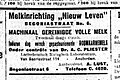 Een advertentie van Melkinrichting "Nieuw Leven" in Het Volk, een landelijke dagblad voor de arbeiderspartij (1921)