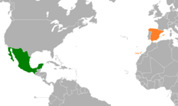 Карта, показваща местоположенията на Мексико и Испания