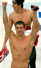 Phelps nach dem Gewinn der achten Goldmedaille bei den Olympischen Spielen in Peking (2008)