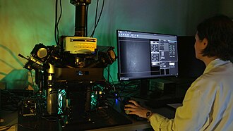 Lightsheet microscopes in the Advanced Lightsheet Imaging Center (ALICe) can image neurons within whole organs at high spatial and temporal resolution. Microscopy laboratory at the Wyss Center for Bio and Neuroengineering.jpg