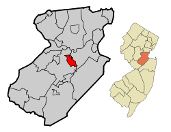 South River highlighted in Middlesex County. Inset: Location of Middlesex County in New Jersey.