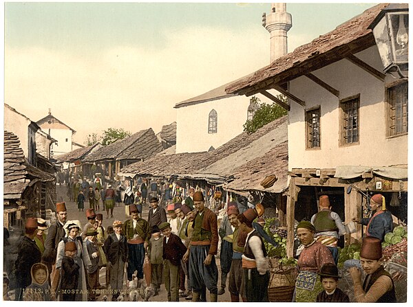 The Bosnian town of Mostar (pictured c.1890-1900) has been suggested as a likely influence on Hergé's depiction of the Syldavian village.