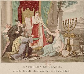 An 1806 French print depicts Napoleon Bonaparte emancipating the Jews Napoleon stellt den israelitischen Kult wieder her, 30. Mai 1806.jpg