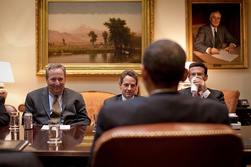 File:National Economic Council Director Larry Summers, Treasury Secretary Timothy Geithner, and Office of Management and Budget Director Peter Orszag look at President Barack Obama.jpg