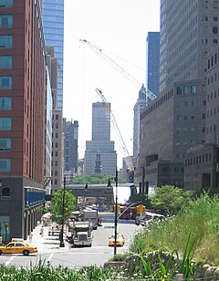 Looking east from the Irish Hunger Memorial, with 3 World Financial Center on the right, and St. Paul's Chapel and 222 Broadway in the distance