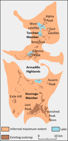 Diagram showing the former extent of lava flows, prehistoric lakes and current lava outcrops.