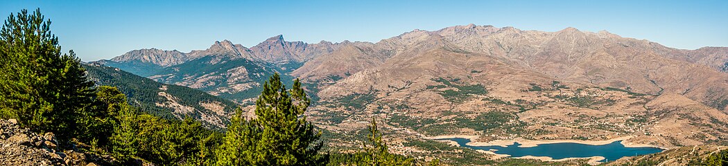 Dry Corsica landscape with low water in October, Monte Cinto massif. A view from South.