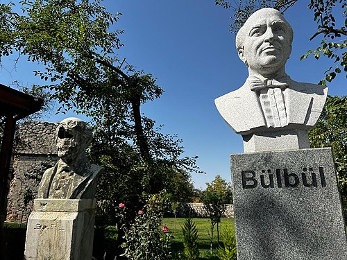 Old and new busts of Azerbaijani singer Bulbul, House-museum of Bulbul, Shusha Photographer: Aykhan Zayedzadeh