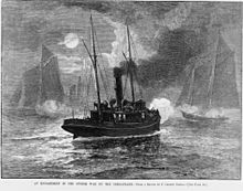Oyster boats at war off the Maryland shore (1886 wood engraving). Regulation of the oyster beds in Virginia and Maryland has existed since the 19th century. Oyster wars 1886 Harpers Weekly.jpeg