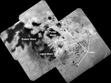 A labeled map of Titan's northern hydrocarbon lakes. The lakes are filled with liquid ethane, methane, and dissolved N
2. (September 11, 2017) PIA22481-SaturnMoon-Titan-Lakes-20170911.jpg