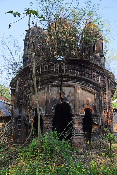Dhaneshwarpur Madhyabar: Pancha ratna Laxmi Janardana temple, built in the 19th century, in ruinous condition.