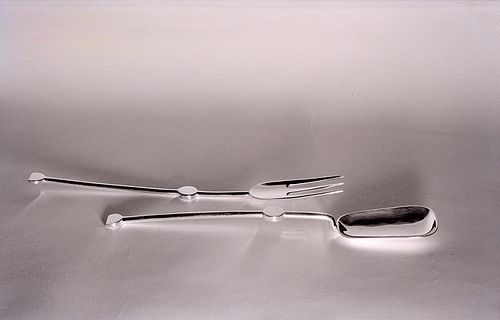 Dessert spoon and fork (Sabattini); photo 1963.