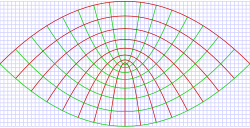 Parabolic coordinate system showing curves of constant s and t the horizontal and vertical axes are the x and y coordinates respectively. These coordinates are projected along the z-axis, and so this diagram will hold for any value of the z coordinate. Parabolic coords.svg