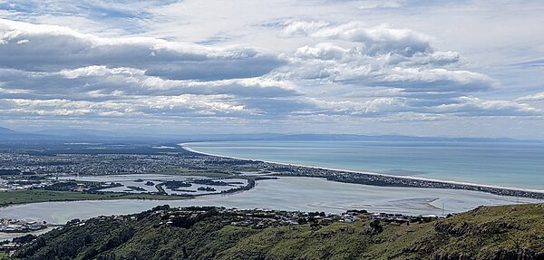 A view of Pegasus Bay, New Brighton, New Zealand from Mount Pleasant. 30 October 2022.