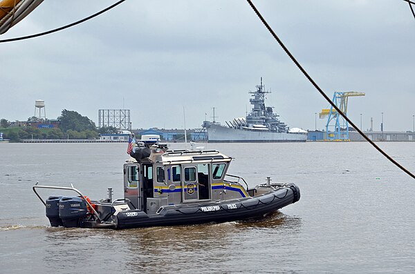 A Philadelphia Police Department boat on the Delaware River following the September 11 attacks