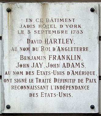 Commemorative plaque located on the site at which the treaty was signed, 56 Rue Jacob, Paris Plaque Traite de Paris, 56 rue Jacob, Paris 6.jpg
