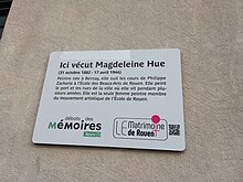 Plaque commémorative en hommage à Magdeleine Hue