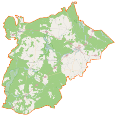 Mapa konturowa powiatu wałeckiego, na dole po lewej znajduje się punkt z opisem „Parafia pw. Świętego Antoniego w Człopie”