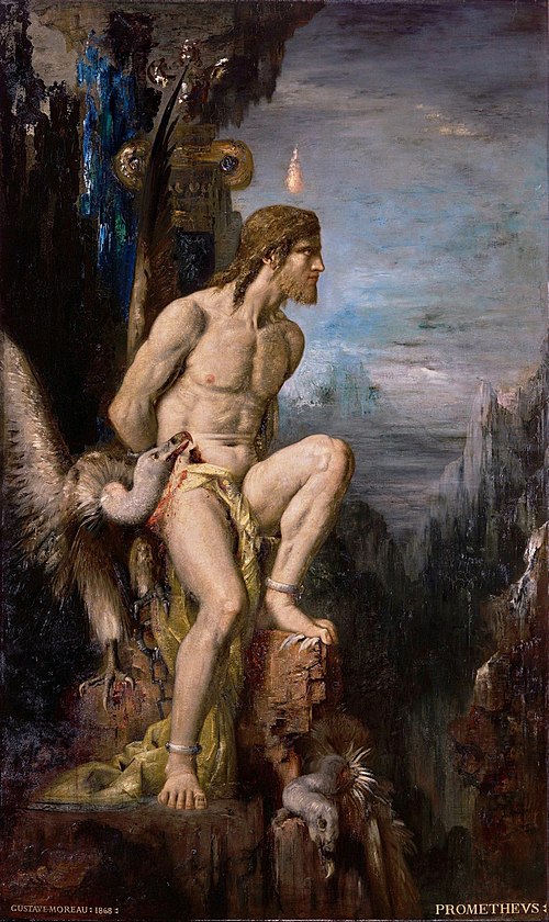 Prometheus (1868 by Gustave Moreau). The myth of Prometheus first was attested by Hesiod and then constituted the basis for a tragic trilogy of plays,