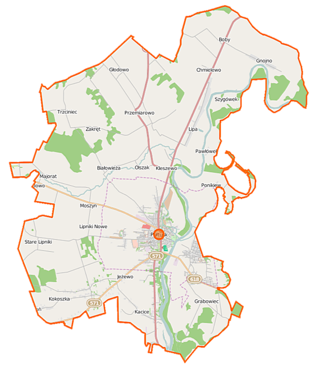 Mapa konturowa gminy Pułtusk, w centrum znajduje się punkt z opisem „Kościół Świętego Krzyża”