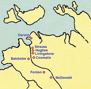 Carte du Territoire du Nord avec les emplacements des aérodromes