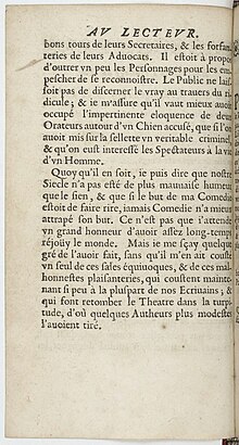 Dernier paragraphe de la préface de la première édition des Plaideurs, accusant les comédies de Molière de grivoiserie.